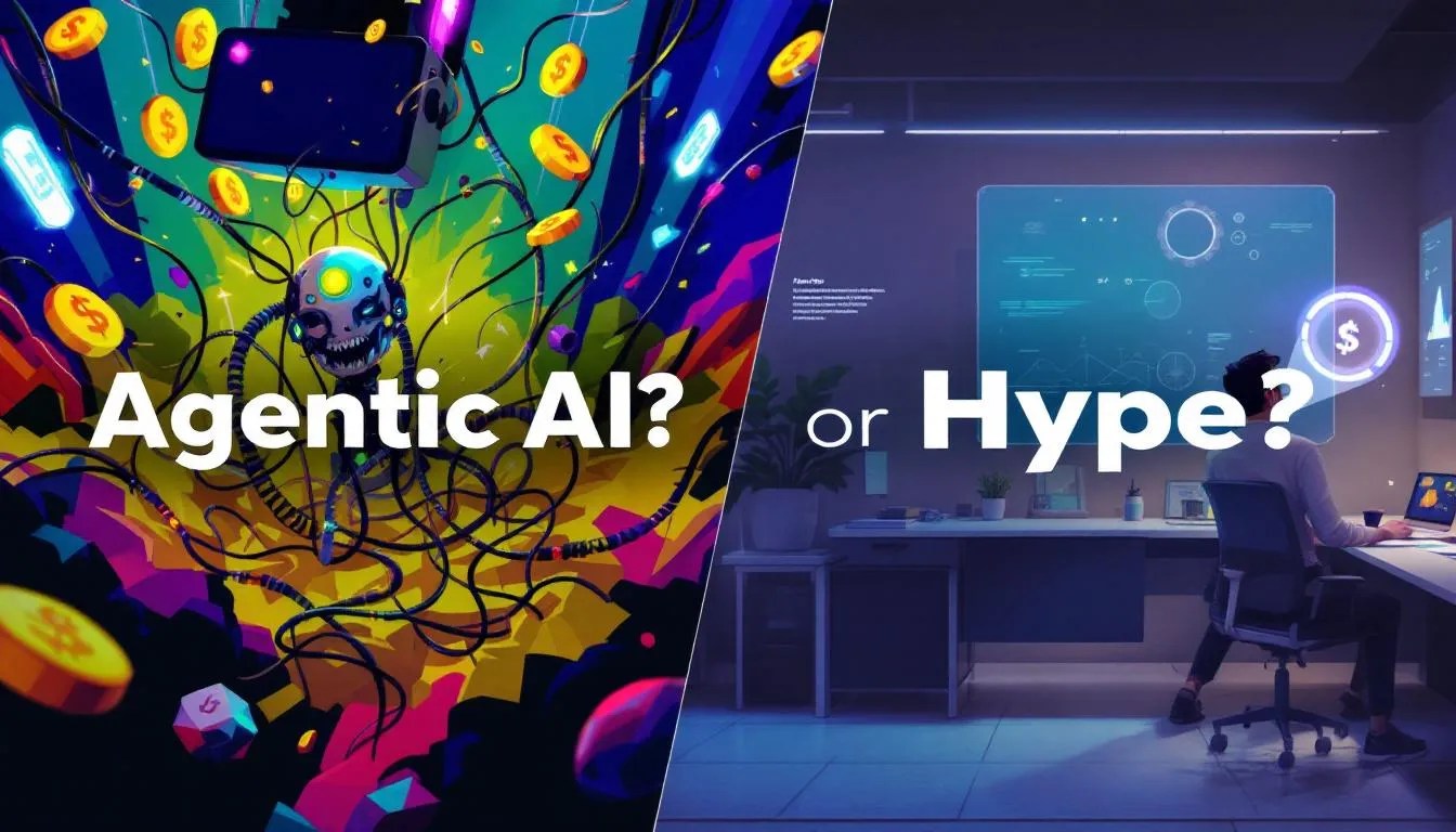 Split screen thumbnail image comparing chaotic AI hype with practical AI agent use in enterprise development, with bold text 'Agentic AI: Real or Hype?'