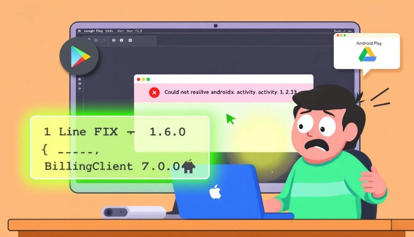 android developer facing androidx.activity:1.2.3 dependency error with billingclient 7.0.0, showing quick fix solution in gradle