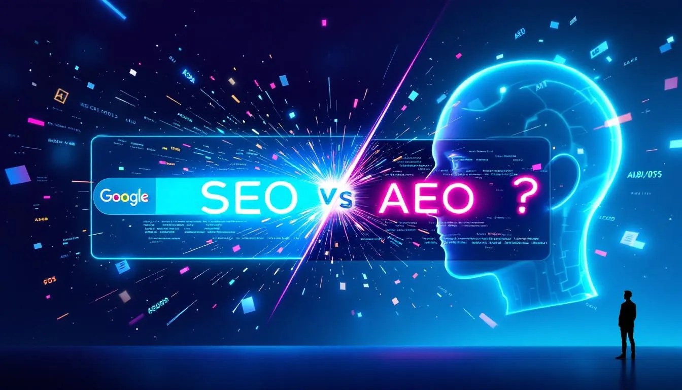 SEO vs AEO illustration with AI chatbot and traditional search engine in a digital face-off for developers