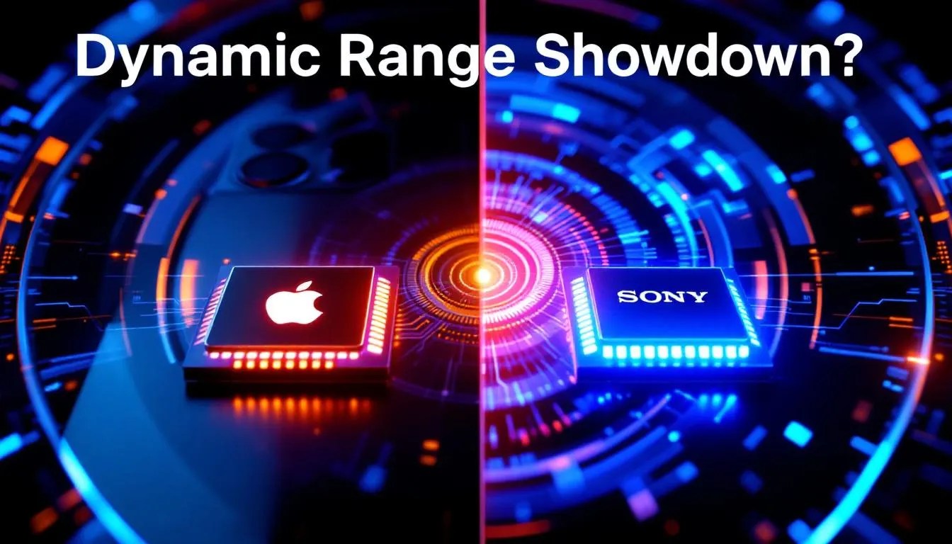 Apple vs Sony image sensors comparison with a futuristic iPhone chip glowing against Sony's camera lens sensor in a high-tech, dynamic background