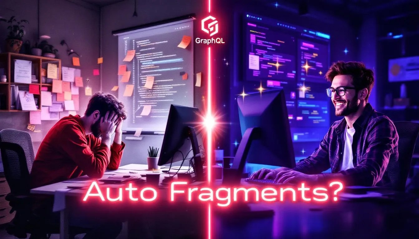 Stressed developer manually writing GraphQL fragments beside a cheerful coder using automated GraphQL tool showing contrast