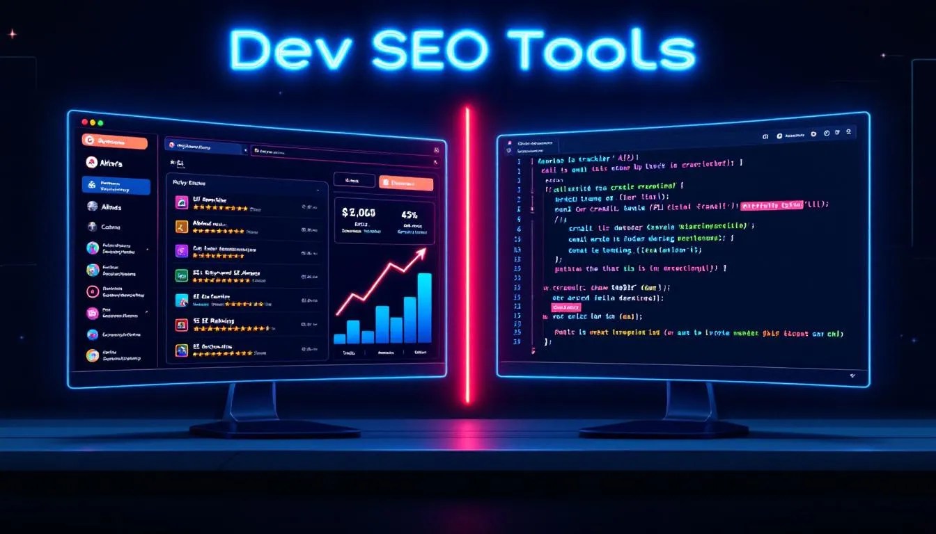 Split-screen thumbnail showing keyword ranking dashboards and developer terminal with SEO tool code, representing best keyword tracking tools for developers in 2025