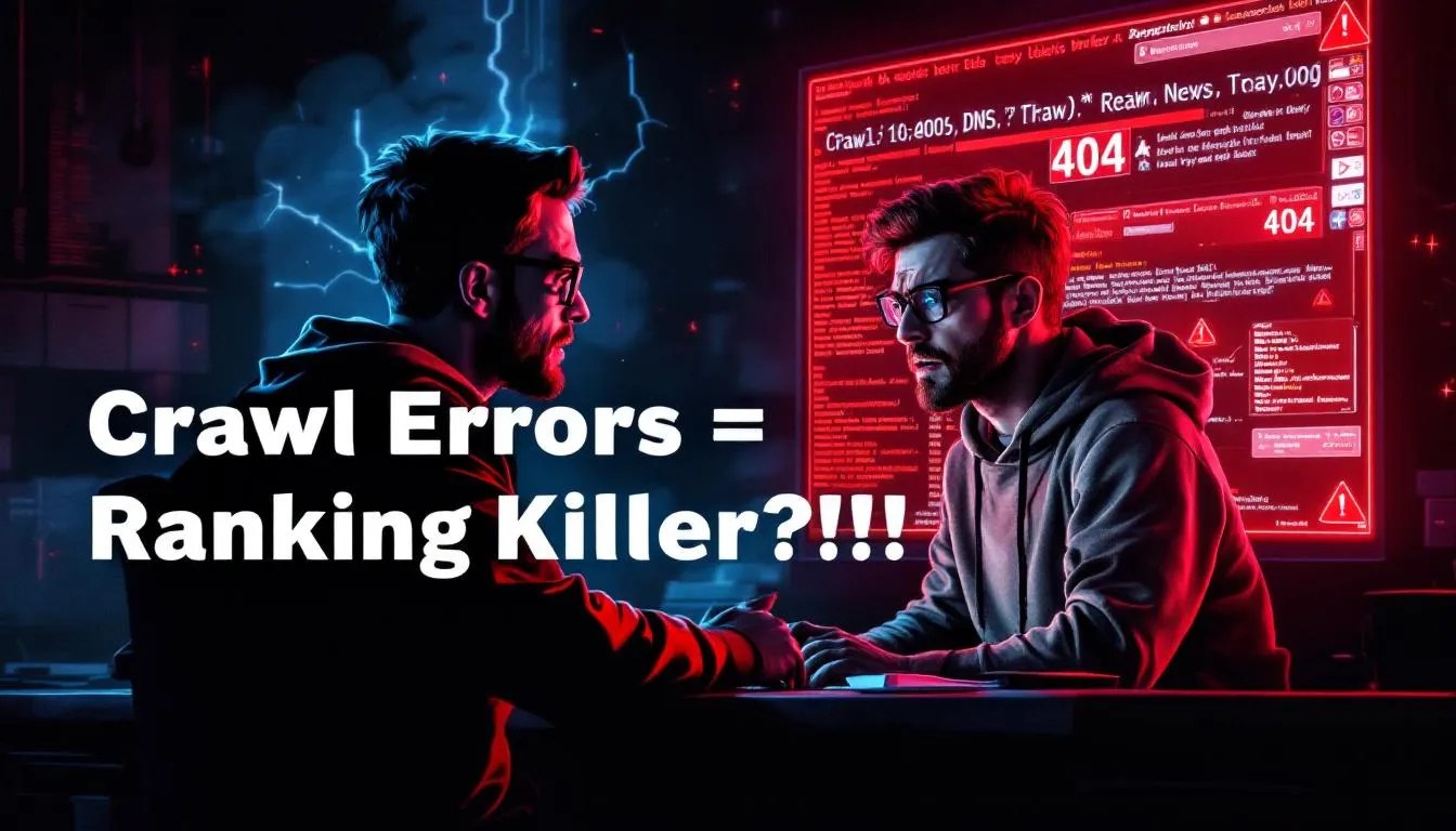 Frustrated developer with 404 errors and crawl issues on screen harming SEO rankings