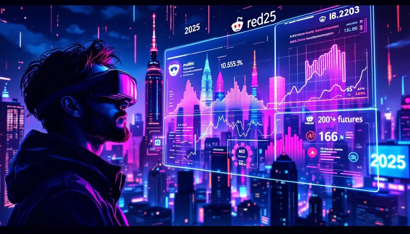 Futuristic developer analyzing market trends in 2025 using AR dashboard with GitHub, Reddit stats, and AI tools