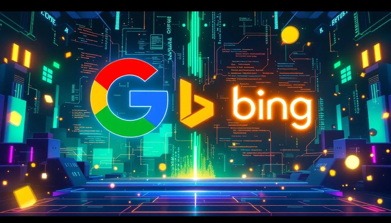 Illustration of ChatGPT between glowing Google and Bing logos in a tech-themed face-off, showing AI's use of search engines