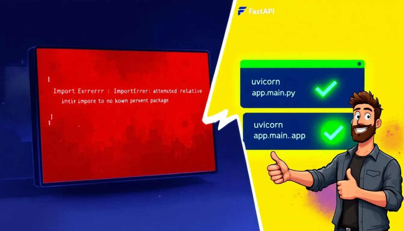 Thumbnail showing import error using uvicorn main.py vs correct Docker setup using module syntax for FastAPI