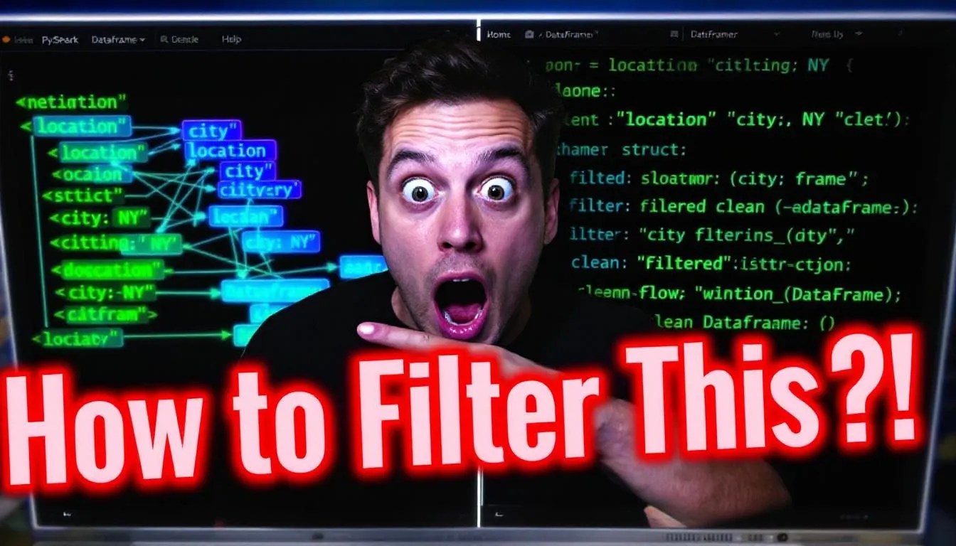 Developer pointing at a complex nested struct in a PySpark DataFrame with highlighted code and shocked expression, visual guide on how to filter struct fields in PySpark