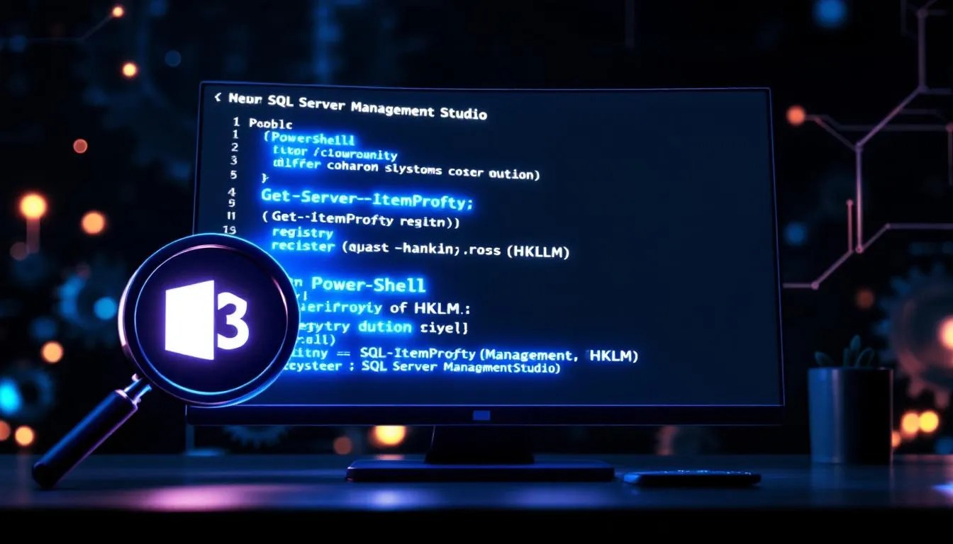 PowerShell window revealing SQL Server Management Studio 21 installation path on developer screen