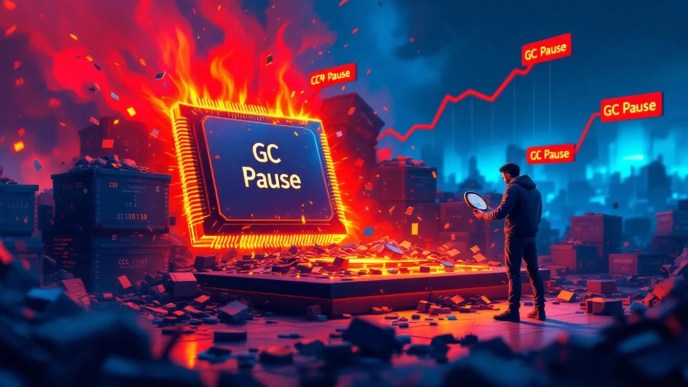 High-stress garbage collector benchmark visualization with overflowing memory, CPU spike graph, and developer analyzing GC pauses