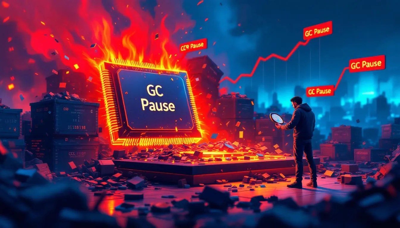 High-stress garbage collector benchmark visualization with overflowing memory, CPU spike graph, and developer analyzing GC pauses