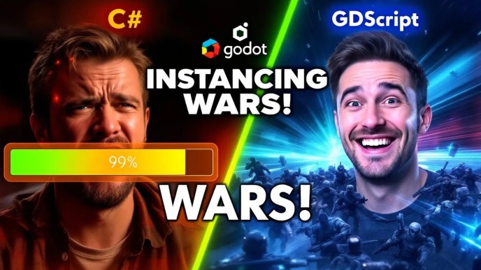 Comparison thumbnail of Godot instancing performance in C# vs GDScript with developers showing frustration and success