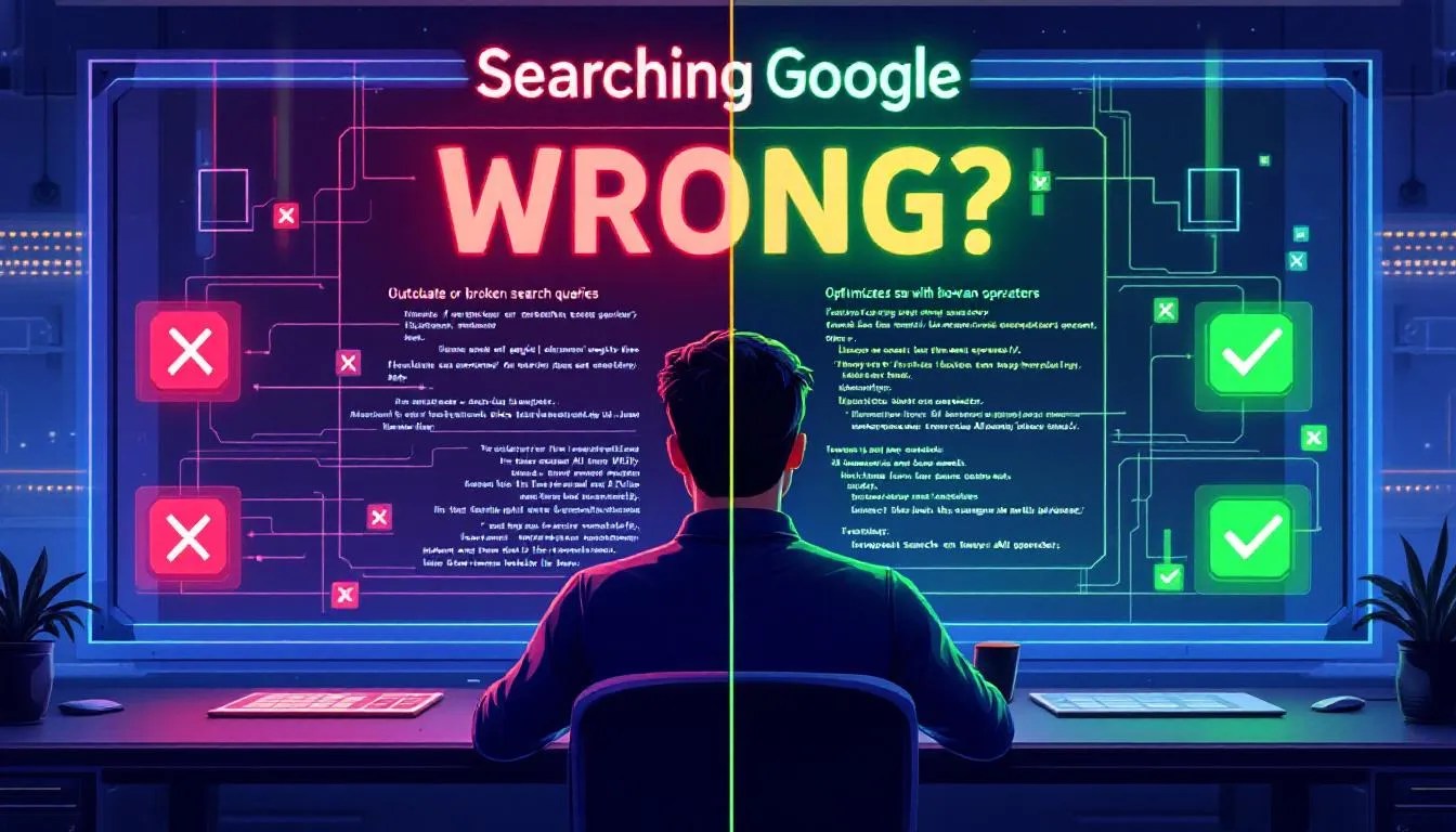 Frustrated developer searching Google with outdated searches on one side and optimized 2025 search tips with AI summaries and operators on the other