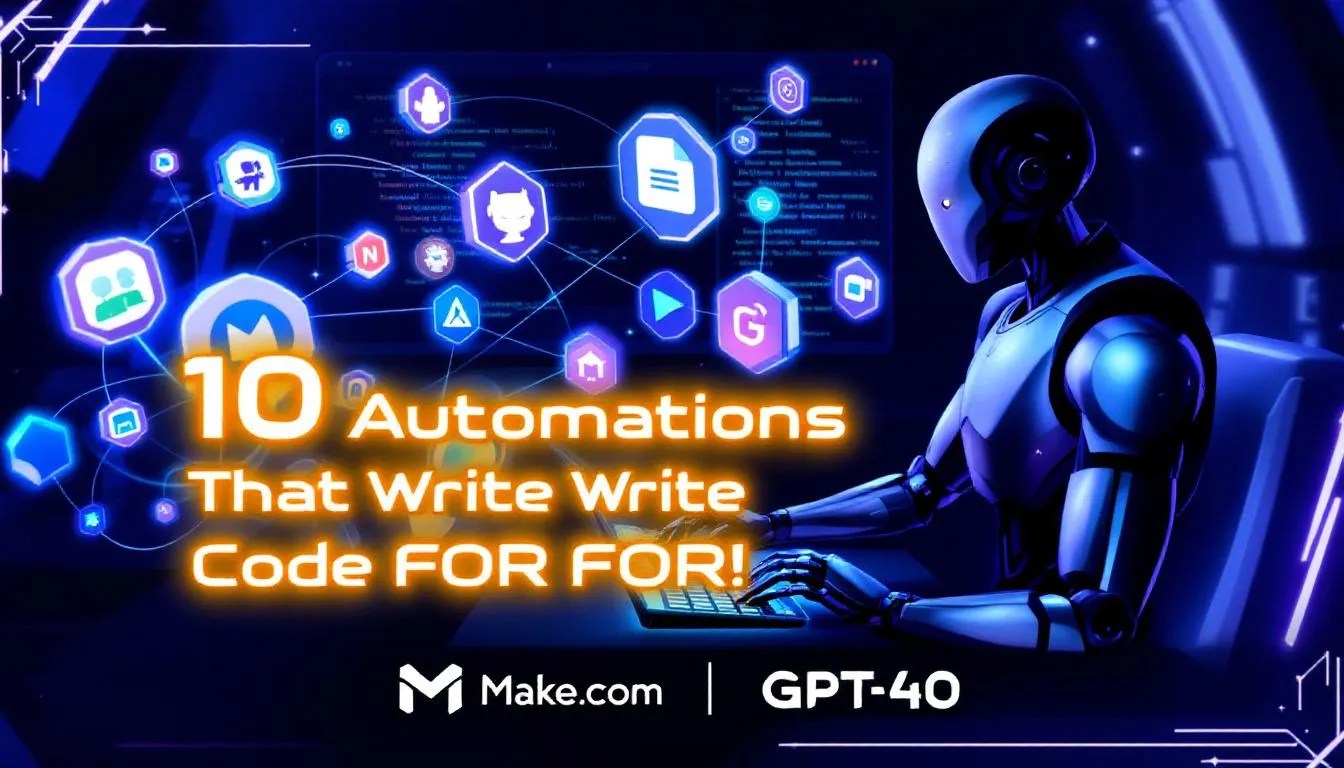 Futuristic AI robot generating code with Make.com and GPT-4o, surrounded by Slack, GitHub, and Notion app icons