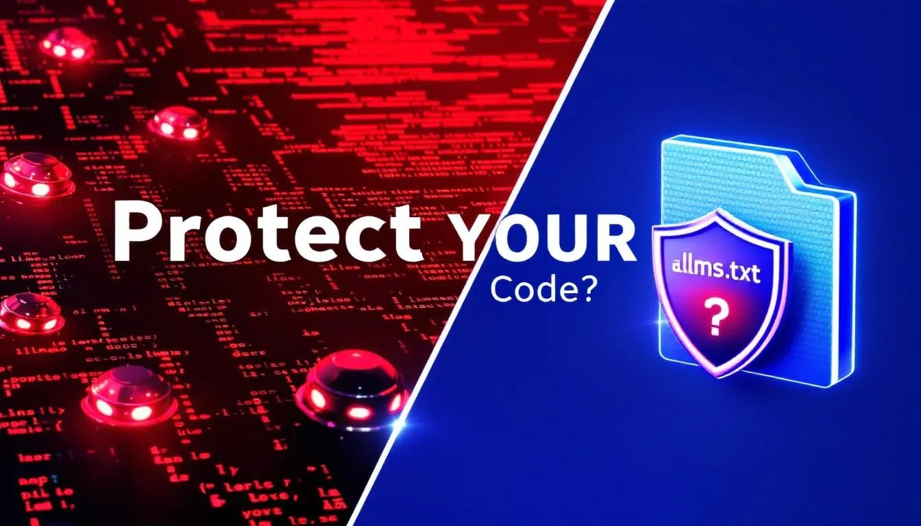 Thumbnail showing AI bots scraping data on one side versus shielded llms.txt file protecting a website on the other, illustrating the debate around AI content control and web data governance.