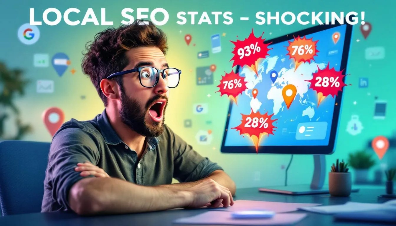 Surprised developer looking at exploding local SEO statistics and search data on digital map illustration
