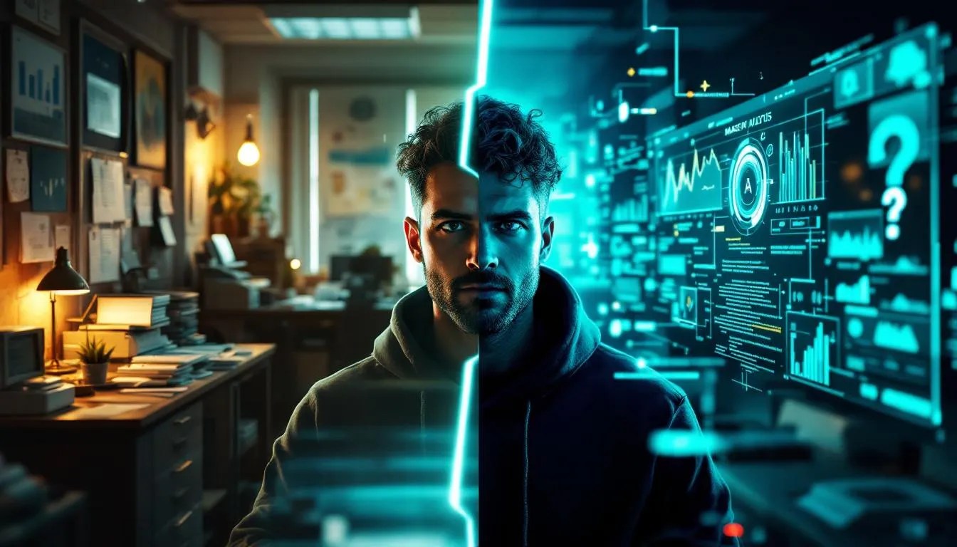 Modern developer analyzing AI-powered market trends in 2025 with futuristic tools and digital dashboard for software development