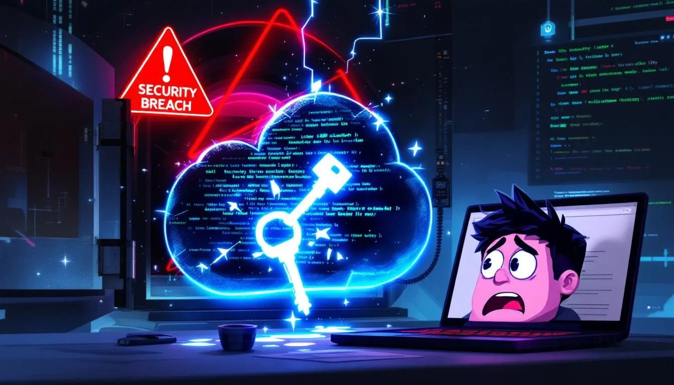 Microsoft AI API leak thumbnail showing cloud vault, exposed keys, and shocked developer — security breach warning visual