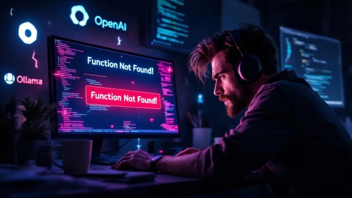 Frustrated developer debugging OpenAI Agent SDK error with flashing 'Function Not Found' message and conflicting OpenAI and Ollama logos in background.