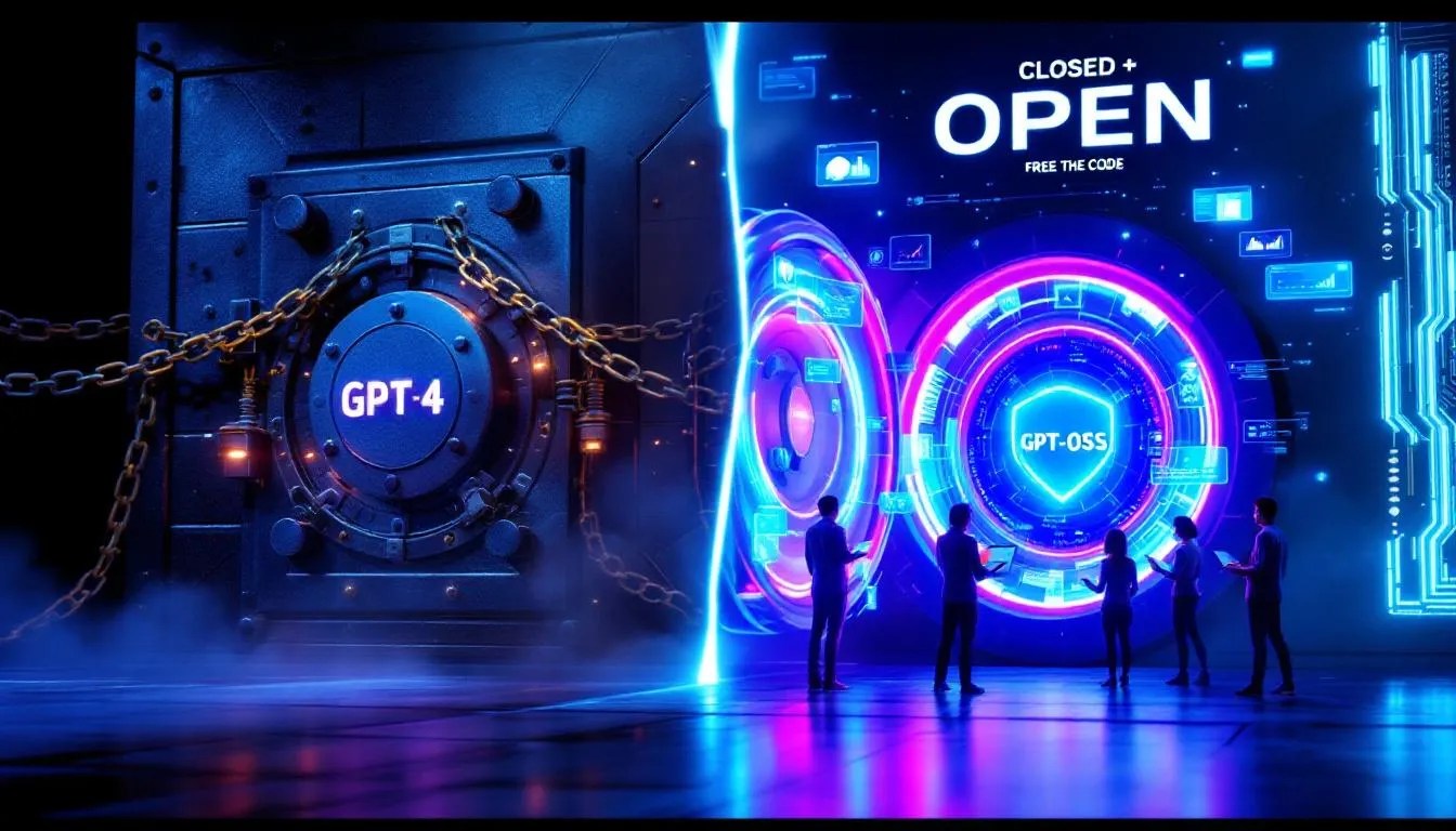 OpenAI releases GPT-OSS under Apache 2.0 license, free AI model with open vault and excited developers using futuristic AI tools