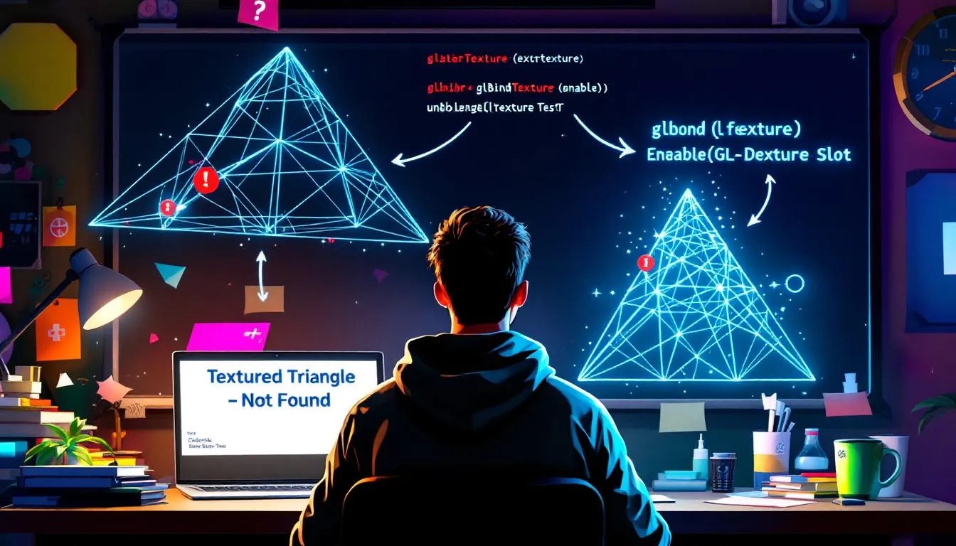 Frustrated developer debugging an OpenGL textured triangle that doesn't render, surrounded by shader code, texture mapping visuals, and graphics pipeline cues