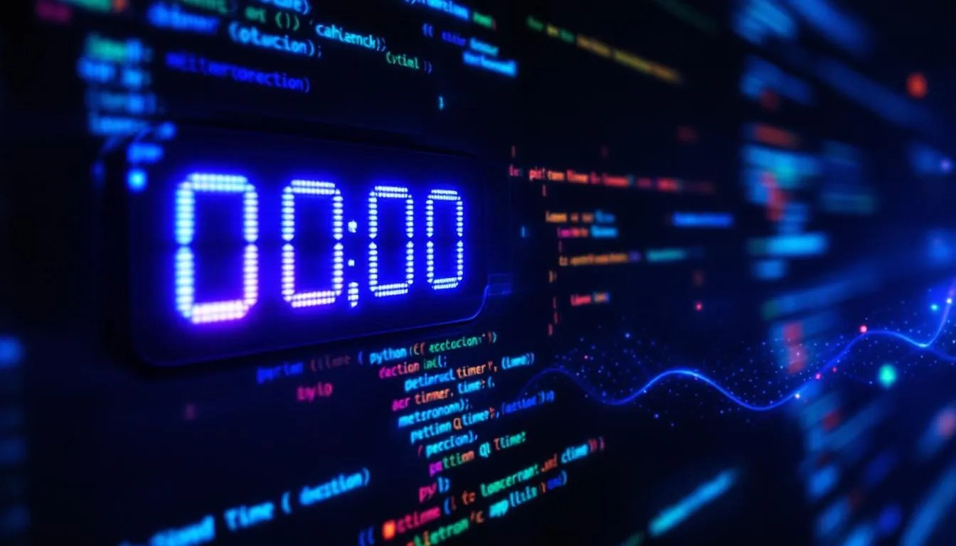 PyQT timer precision concept with stopwatch showing microseconds over Python QTimer code editor