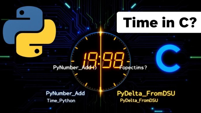 Python and C code symbols with a digital clock showing time manipulation using Python C API functions like PyDelta_FromDSU and PyNumber_Add