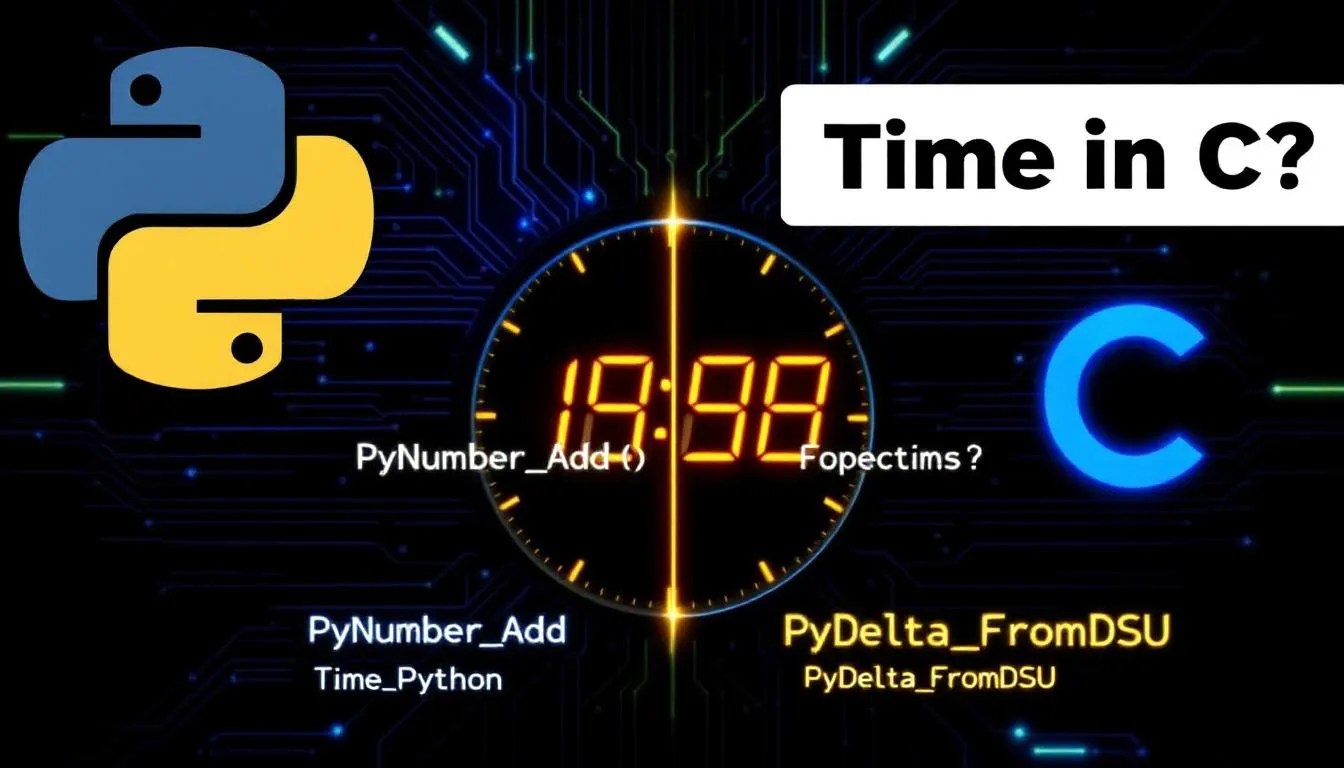 Python and C code symbols with a digital clock showing time manipulation using Python C API functions like PyDelta_FromDSU and PyNumber_Add