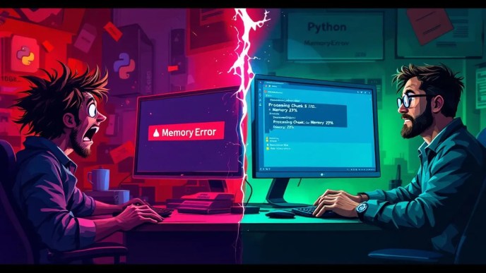 Visualization showing Python crashing from memory error on left and efficient data streaming on the right with optimized memory usage