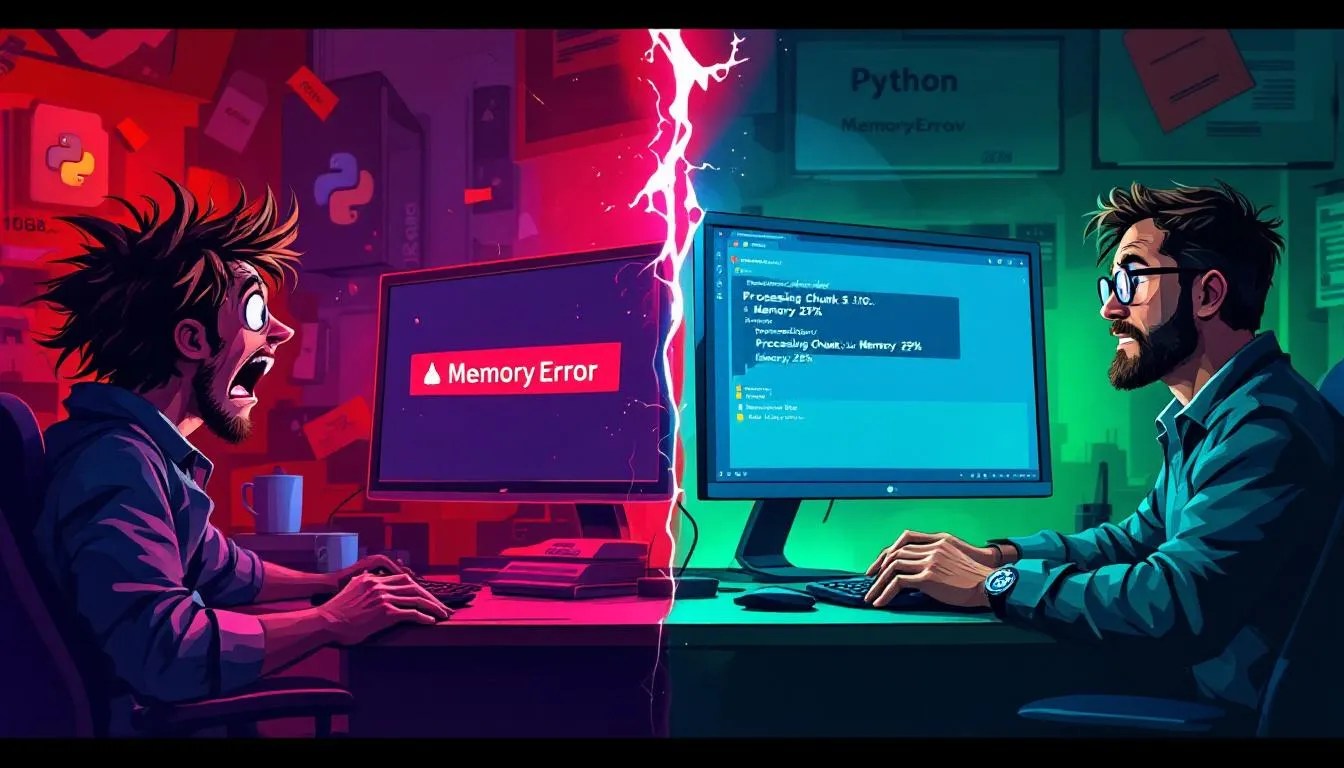 Visualization showing Python crashing from memory error on left and efficient data streaming on the right with optimized memory usage