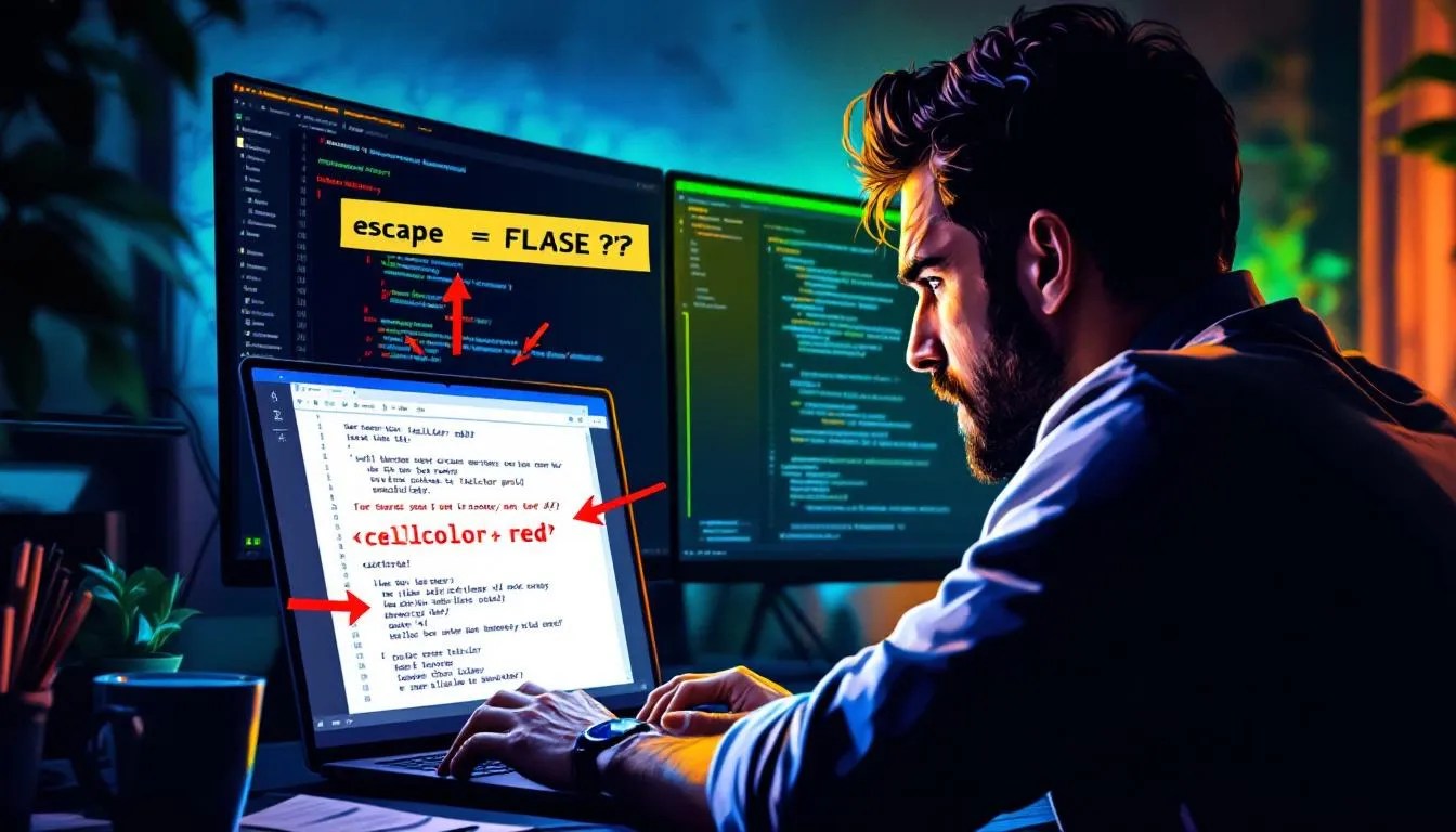 Frustrated developer looking at broken LaTeX table output in R Markdown due to missing escape equals false setting