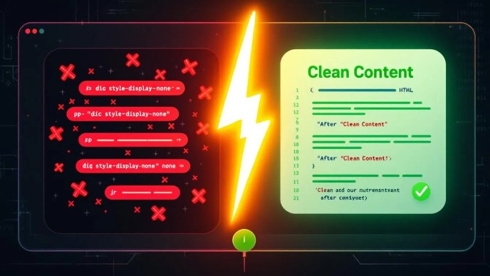 Before and after sanitized HTML comparison showing the removal of display:none elements using PHP and HTMLPurifier