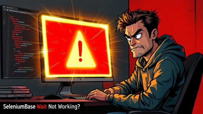 Frustrated developer debugging image visibility in SeleniumBase test with broken image icon and visible error selector