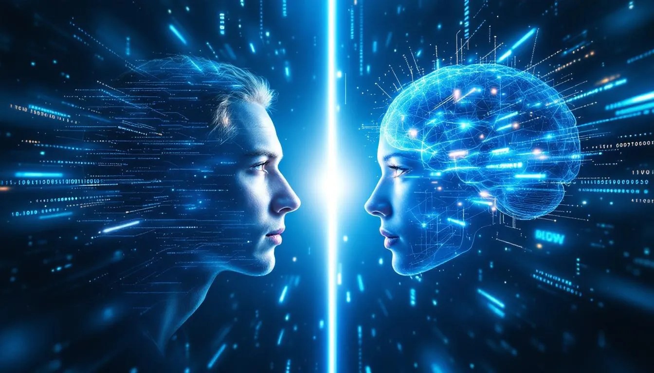 human facing glowing AI brain representing rise of self-improving artificial intelligence by Meta