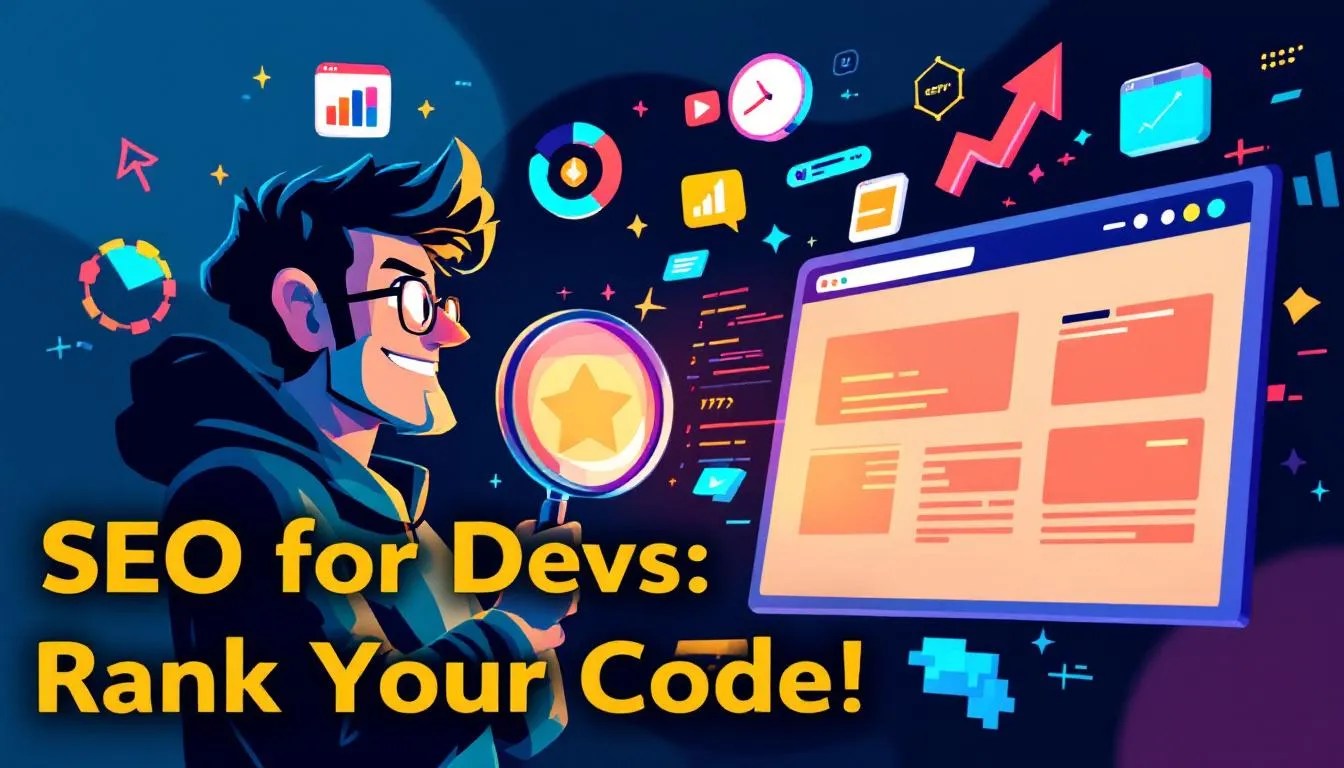 Cartoon developer with magnifying glass analyzing SEO icons around a blog webpage, representing an SEO strategy for developers