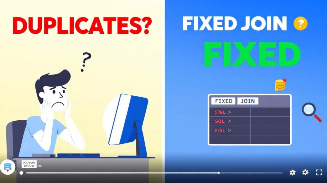Frustrated developer staring at SQL duplicate rows caused by JOIN, with a comparison to fixed SQL output showing correct query results