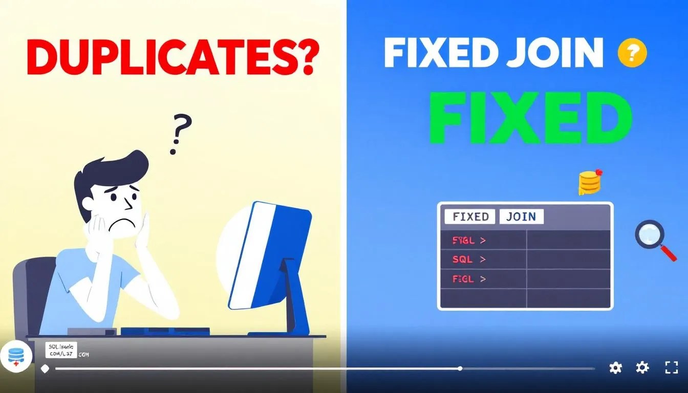 Frustrated developer staring at SQL duplicate rows caused by JOIN, with a comparison to fixed SQL output showing correct query results