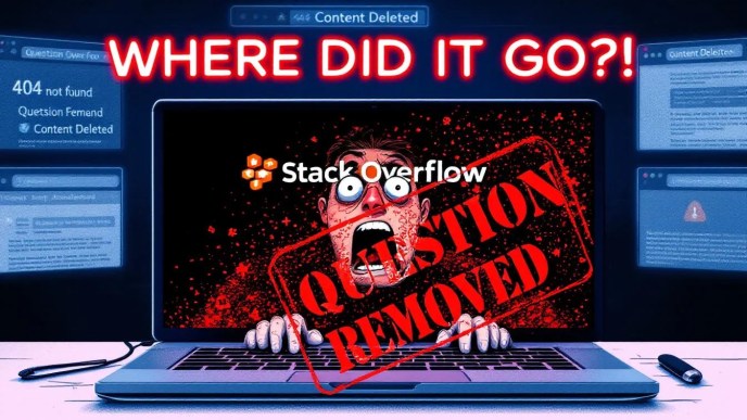 Panicked developer shocked by Stack Overflow question deletion, warning icons and 'question removed' message on laptop screen