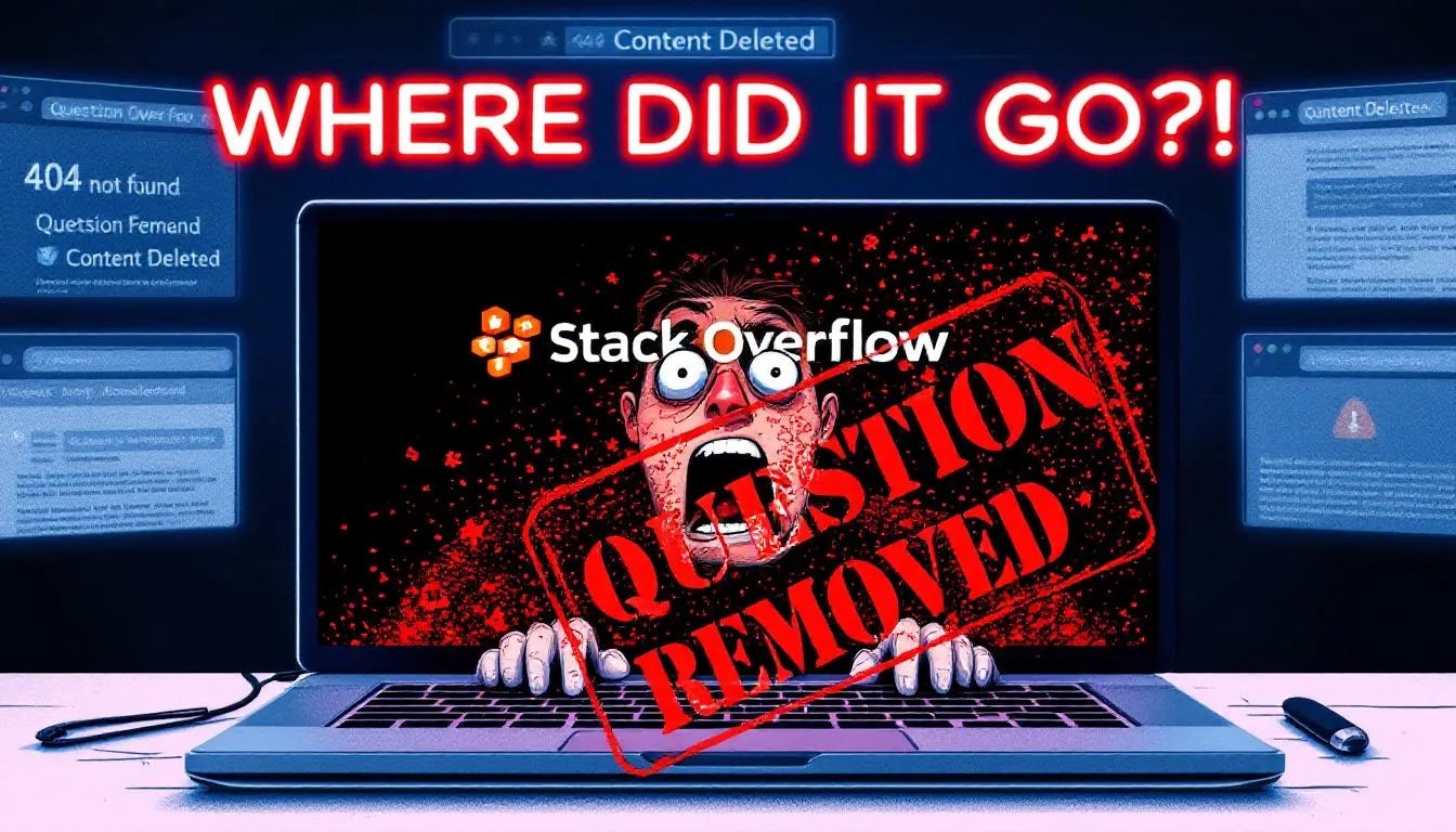 Panicked developer shocked by Stack Overflow question deletion, warning icons and 'question removed' message on laptop screen