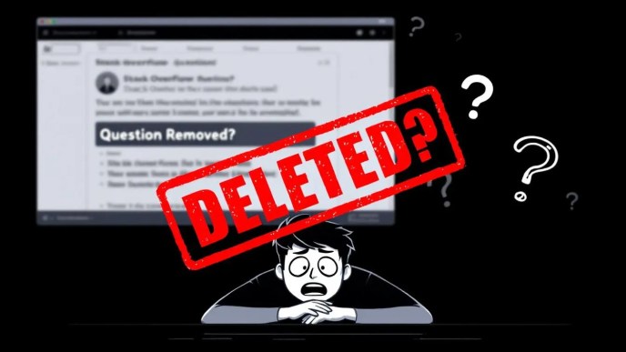 Frustrated developer looks at computer with deleted Stack Overflow question, understanding moderation process and question removal
