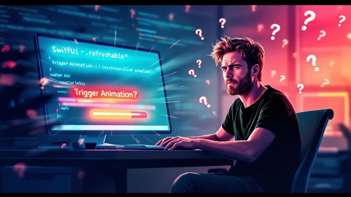Frustrated iOS developer trying to trigger SwiftUI refreshable animation programmatically with a stuck loading spinner and SwiftUI code on screen