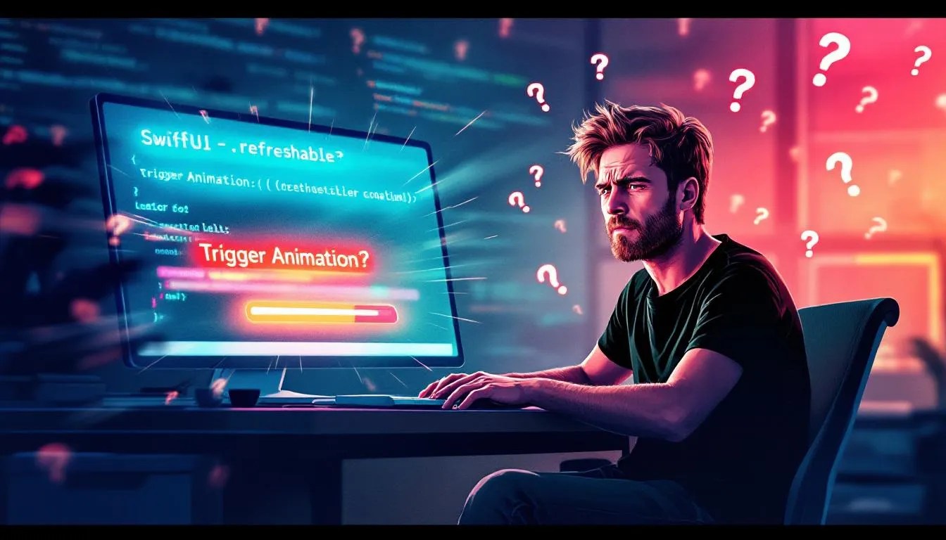 Frustrated iOS developer trying to trigger SwiftUI refreshable animation programmatically with a stuck loading spinner and SwiftUI code on screen