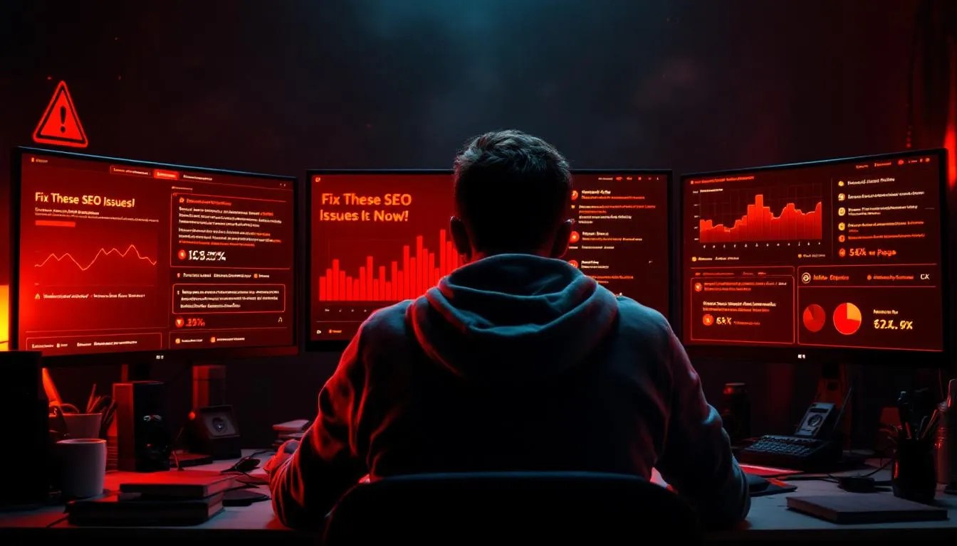 Frustrated web developer looking at SEO error dashboards with red alerts, technical SEO issues on screen