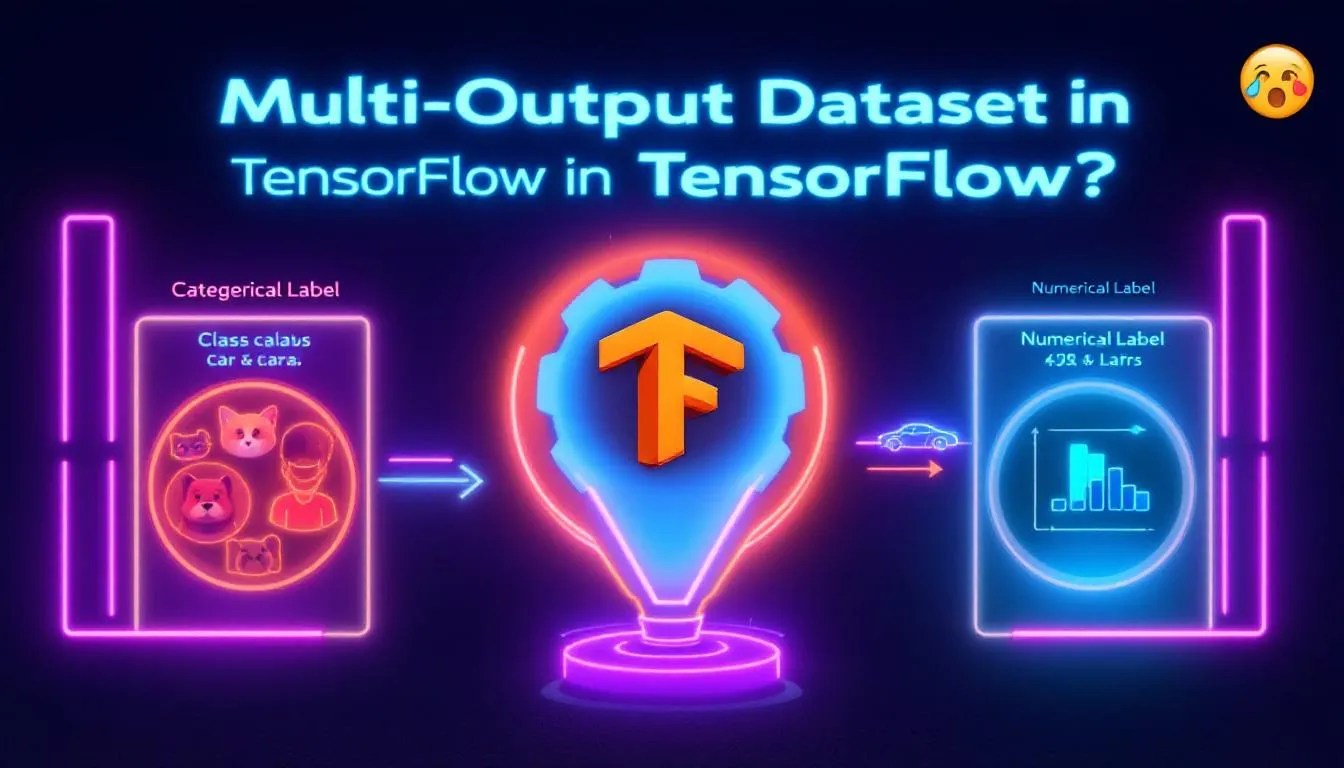 Illustration of multi-output data pipeline in TensorFlow showing images being split into categorical and numerical labels for AI model training