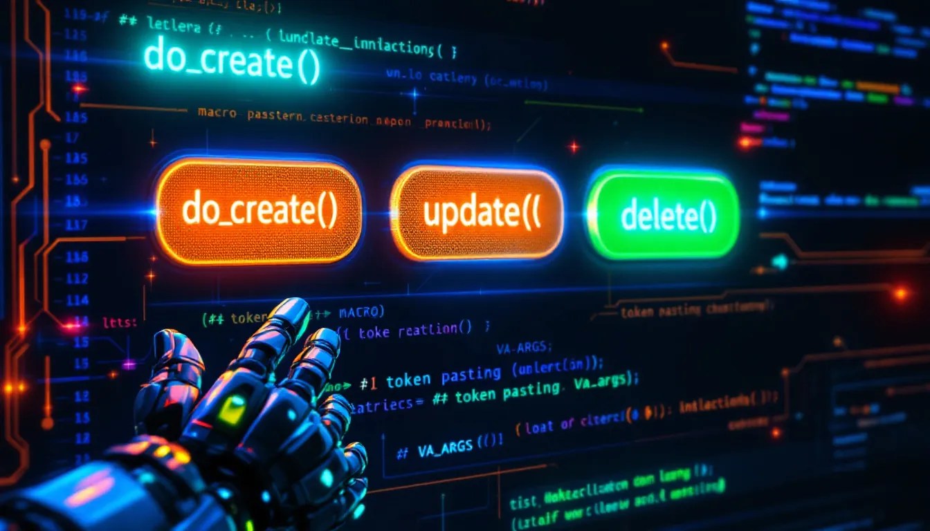 Illustration of C++ macros generating method calls dynamically using token pasting and VA_ARGS, with visual code snippets and robotic automation concepts