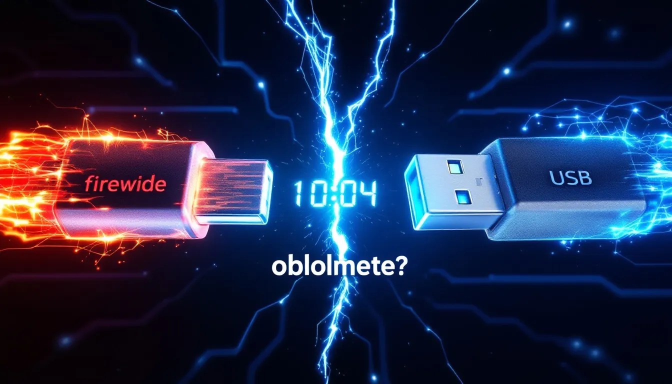 Battle between FireWire and USB ports illustrated with tech imagery showing glowing FireWire and USB connectors facing off, representing the speed and market rivalry between the two technologies.