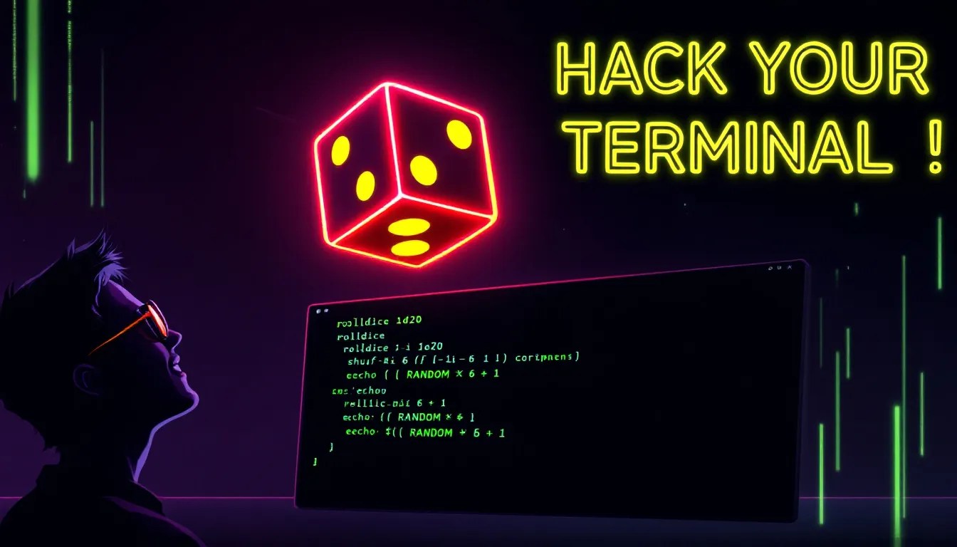 How to roll dice in Linux terminal using rolldice, shuf, and RANDOM explained with D&D die above command prompt