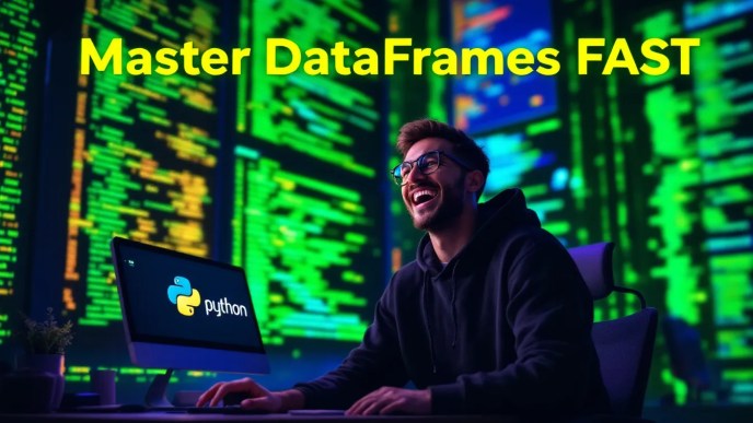 Developer mastering pandas DataFrame in Python with futuristic glowing data tables, pandas and Python logos, and engaging tech visuals