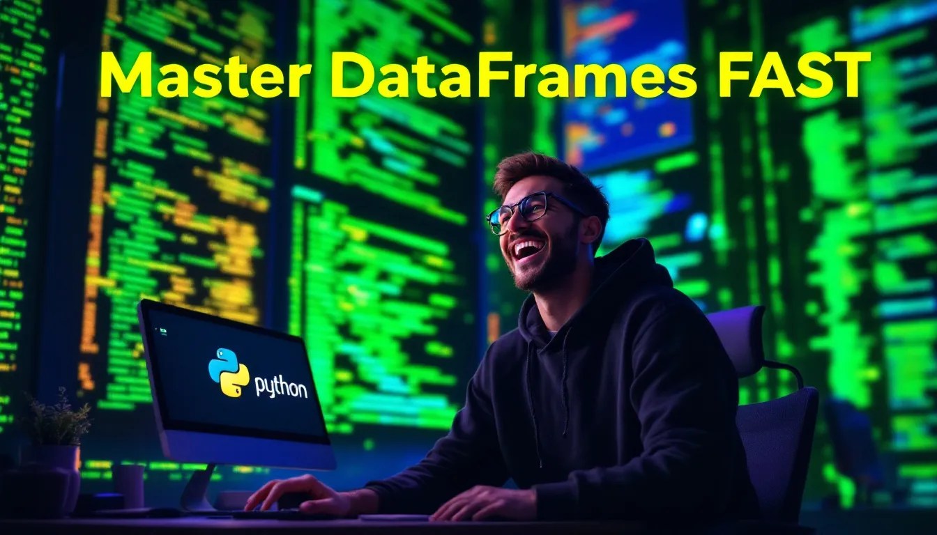 Developer mastering pandas DataFrame in Python with futuristic glowing data tables, pandas and Python logos, and engaging tech visuals