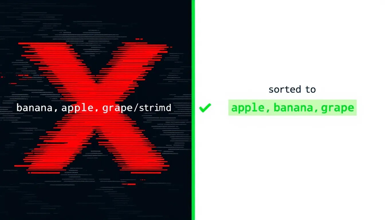 Visual comparison of unsorted versus sorted delimited strings in a pandas DataFrame column, highlighting Python string manipulation technique for clean data