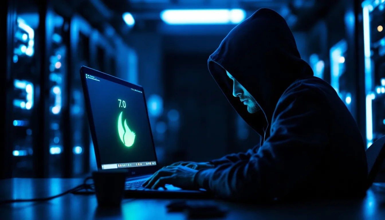 Tails Linux 7.0 upgrade thumbnail showing hooded developer using secure GNOME 48 desktop with Tor, Debian, and GIMP icons in a dark environment